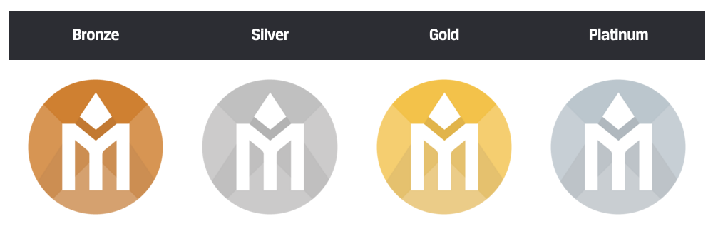 A gold and silver icon with the letter m in it.