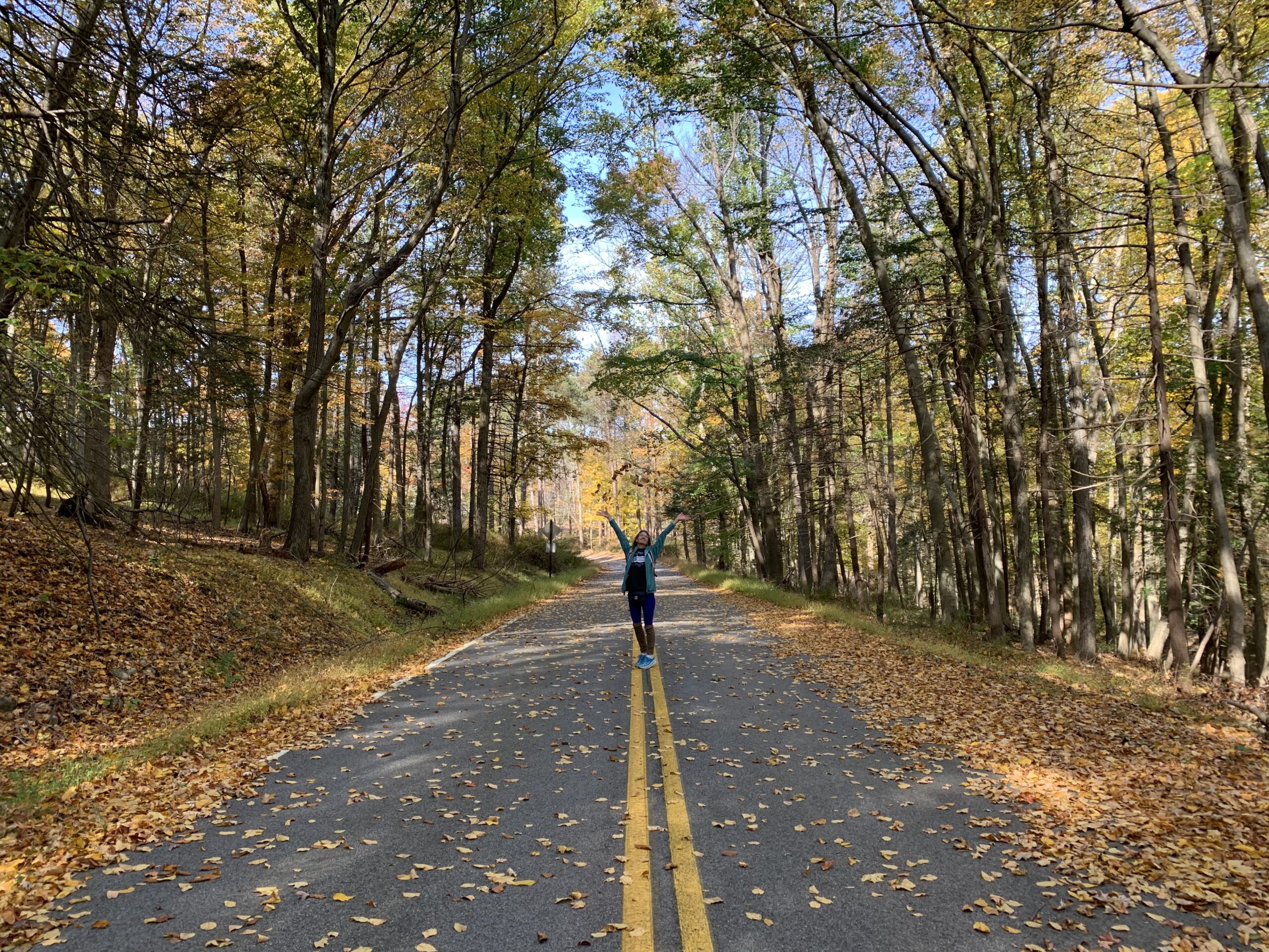 A person is walking down the road in autumn.